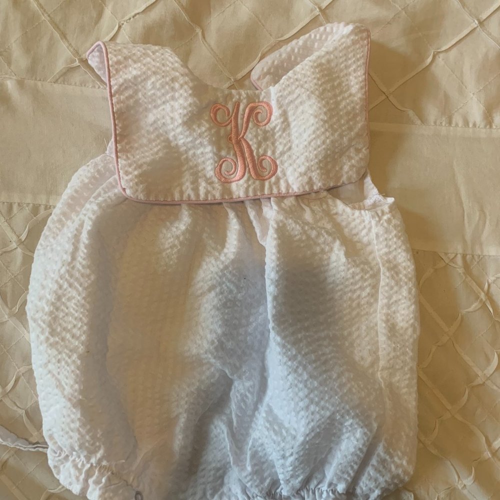 White and Pink Seersucker Bubble with "K" Monogram